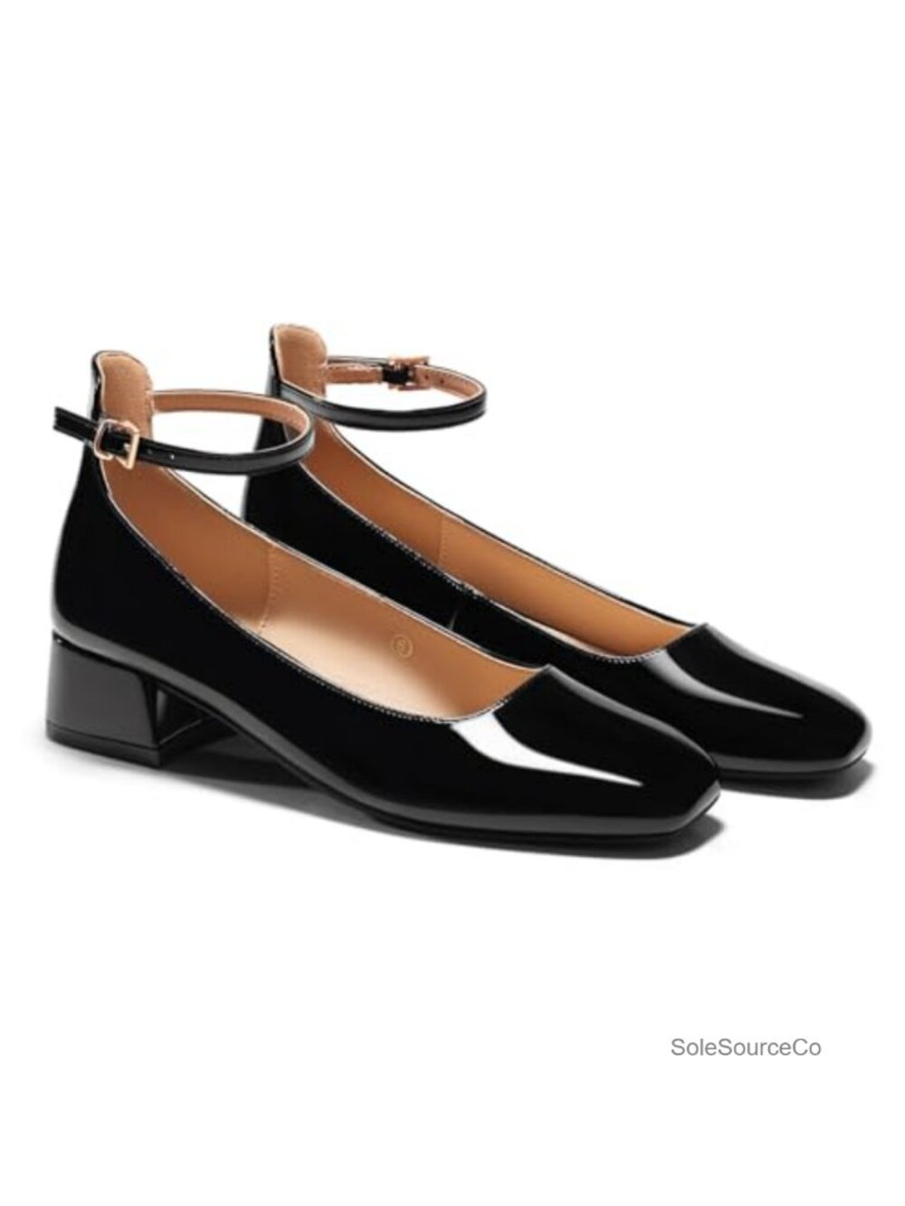 Women's Square Toe Chunky Low Heels Ankle Strap Pumps Patent Leather Dress Shoes